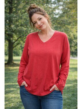 Lands End Womens Red V-Neck Long Sleeve Cotton Shirt XL 18-20